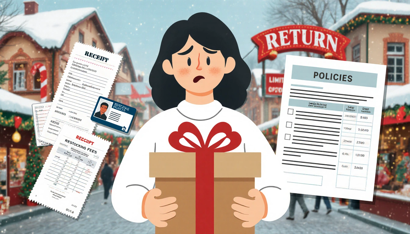 Consumer holding returned gift box with confused expression with receipts and store policies near holiday market background.
