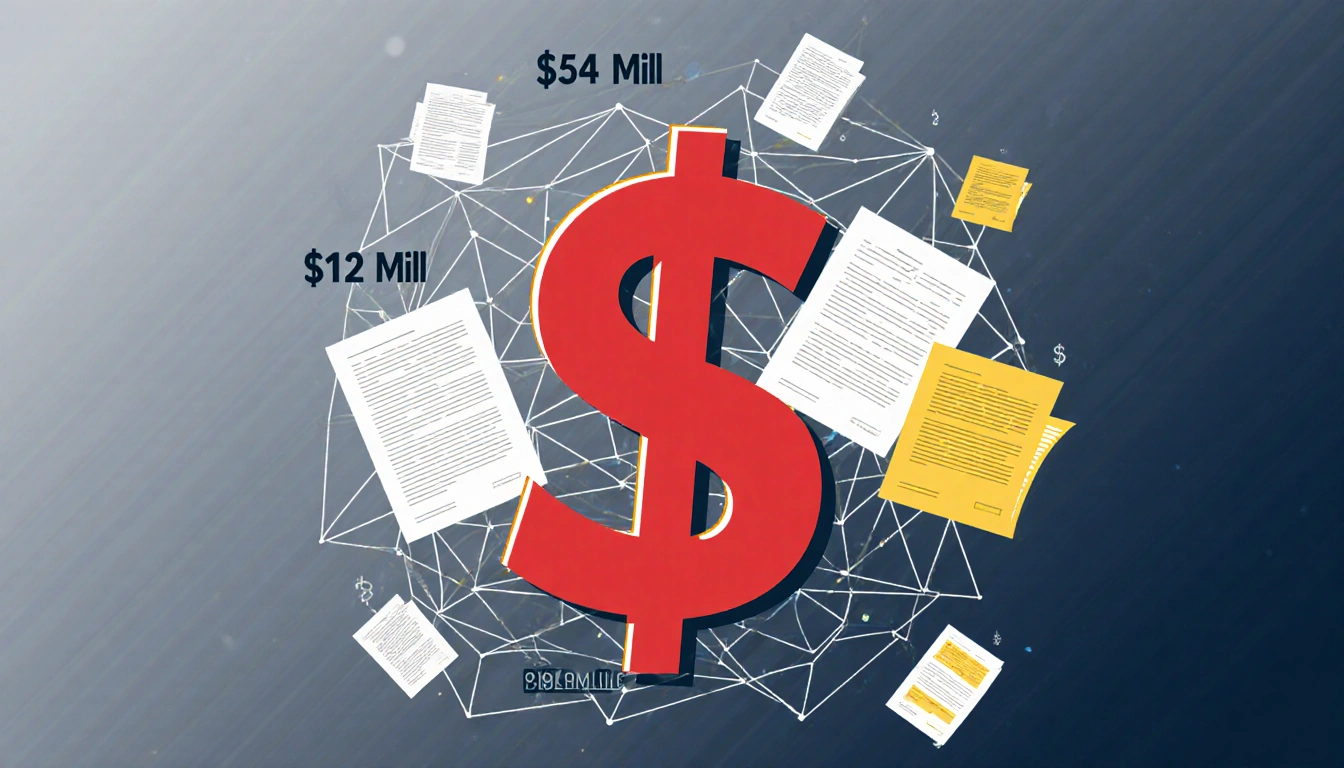 Red dollar sign dominates center with web-like network of finance numbers and scattered contract pages
