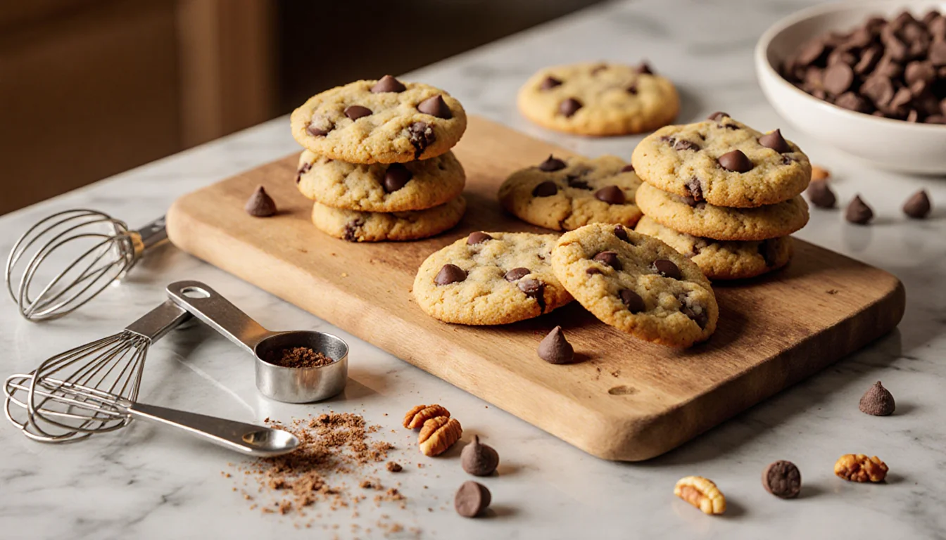 Cookies arranged on a wooden cutting board with chocolate chips and crumbs under warm lighting.
