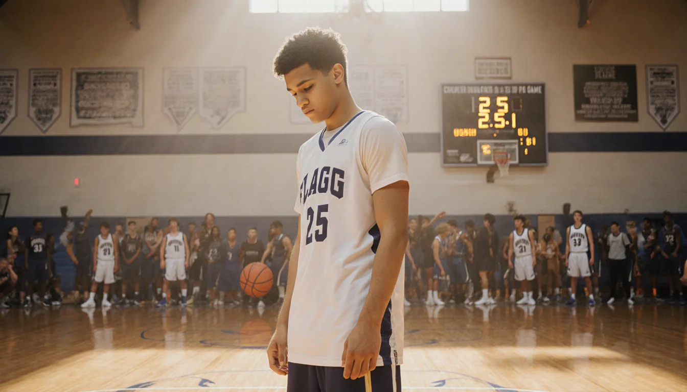 Young Cooper Flagg standing on a basketball court with scoreboard showing 25.7 points and surrounding sports gear