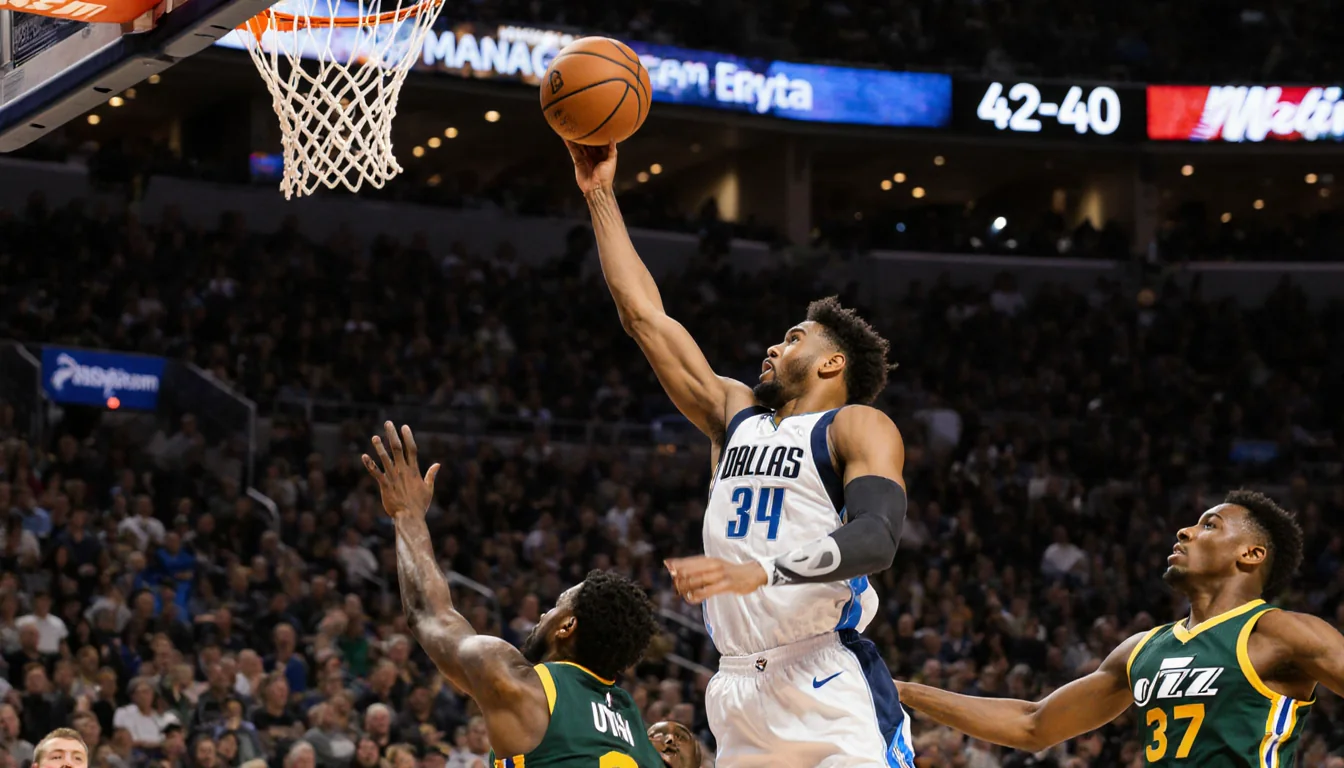 Cooper Flagg soars with ball and three-pointer over defenders with packed crowd and scoreboard reading 42-40