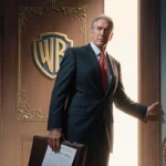 Larry Ellison stands confidently before a large ornate door with Warner Bros Discovery logo and holds a briefcase with Paramo