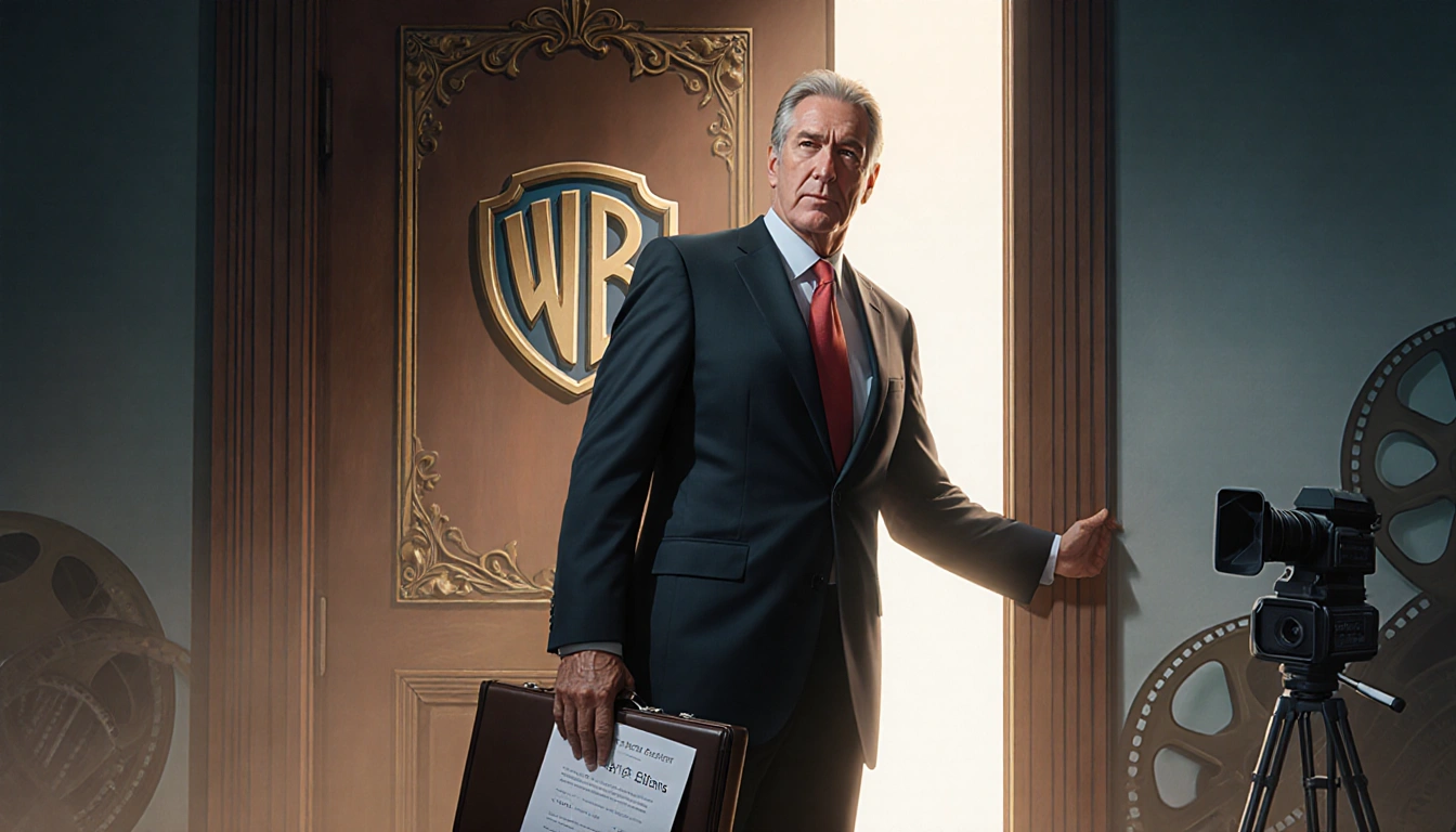 Larry Ellison stands confidently before a large ornate door with Warner Bros Discovery logo and holds a briefcase with Paramo