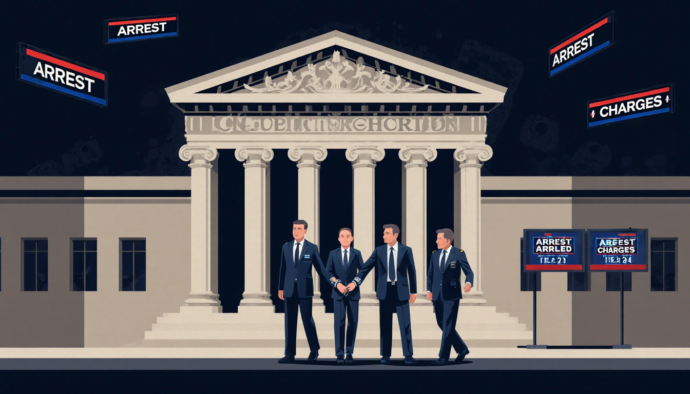 Police officers escort handcuffed defendant away from courthouse entrance with courtroom inside and news ticker showing Arres