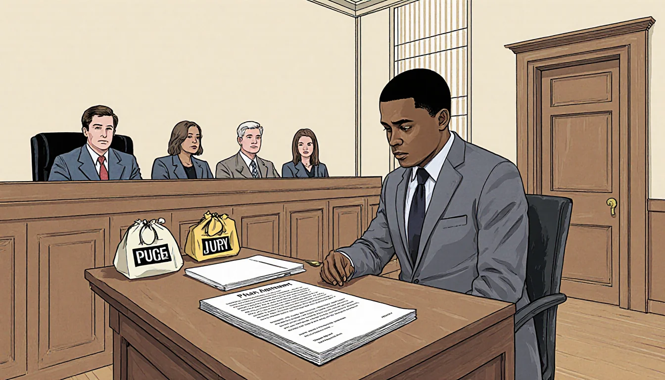 Williams sits at judge's bench with plea agreement on table and jury box in background