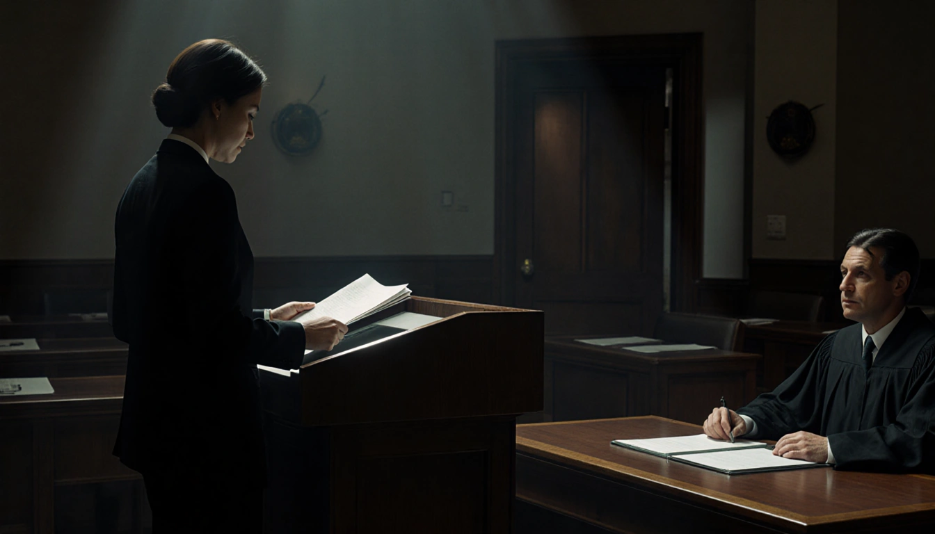 Lawyer holding sealed folder at podium with judge staring at desk in dim courtroom and partially open door