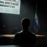 Kilmar Abrego Garcia looks toward judge bench in handcuffs with a news screen showing headline courtroom and flag silhouette