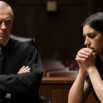 Judge Engelmayer sits with arms crossed and staring intently at Ghislaine Maxwell who bows her head with clasped hands in a c