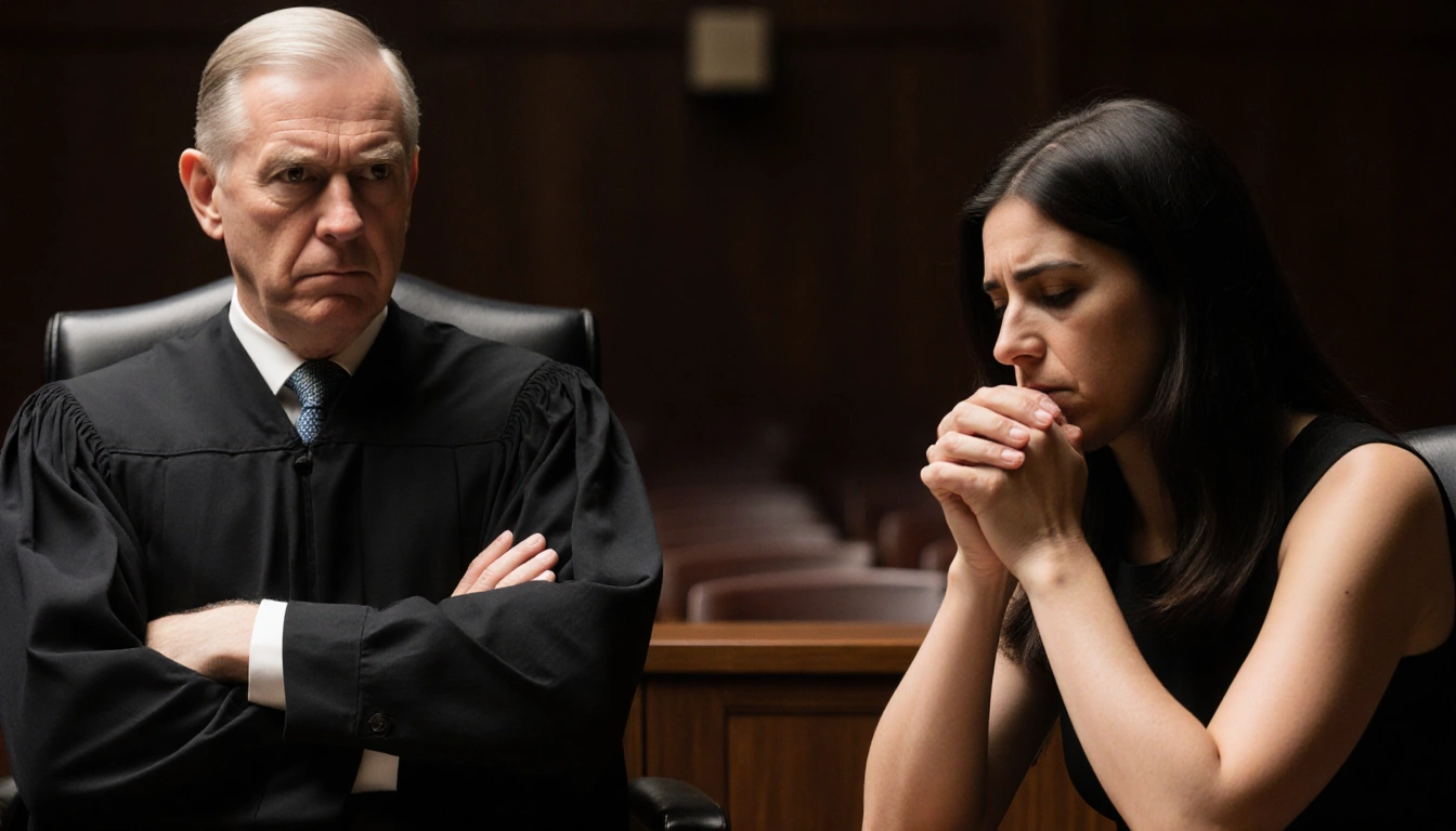 Judge Engelmayer sits with arms crossed and staring intently at Ghislaine Maxwell who bows her head with clasped hands in a c