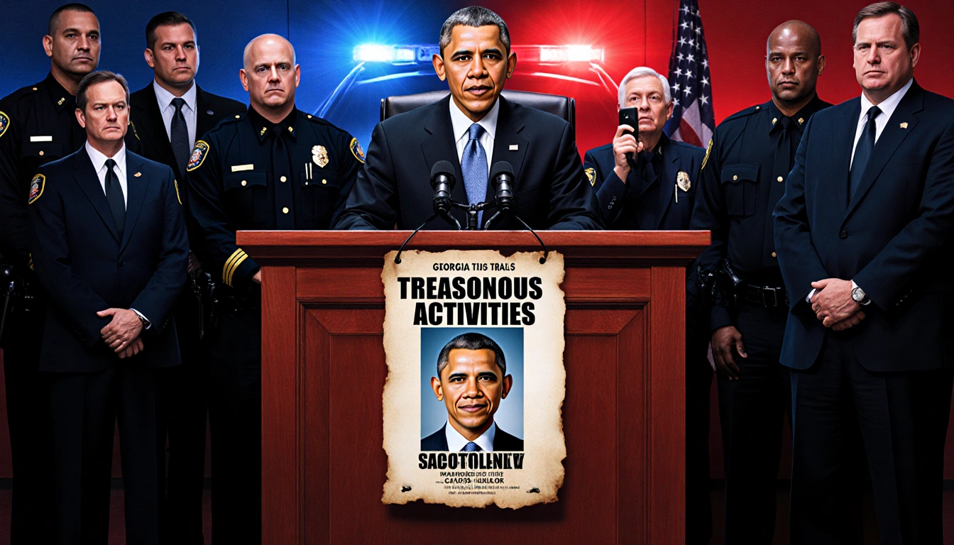 Georgia senator speaks with microphone while a wanted poster of Barack Obama hangs over the courtroom and law officers watch.