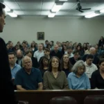 Jurors standing up and leaving the courtroom with a lawyer watching in a fluorescent-lit room.
