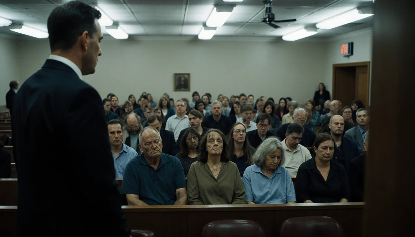 Jurors standing up and leaving the courtroom with a lawyer watching in a fluorescent-lit room.