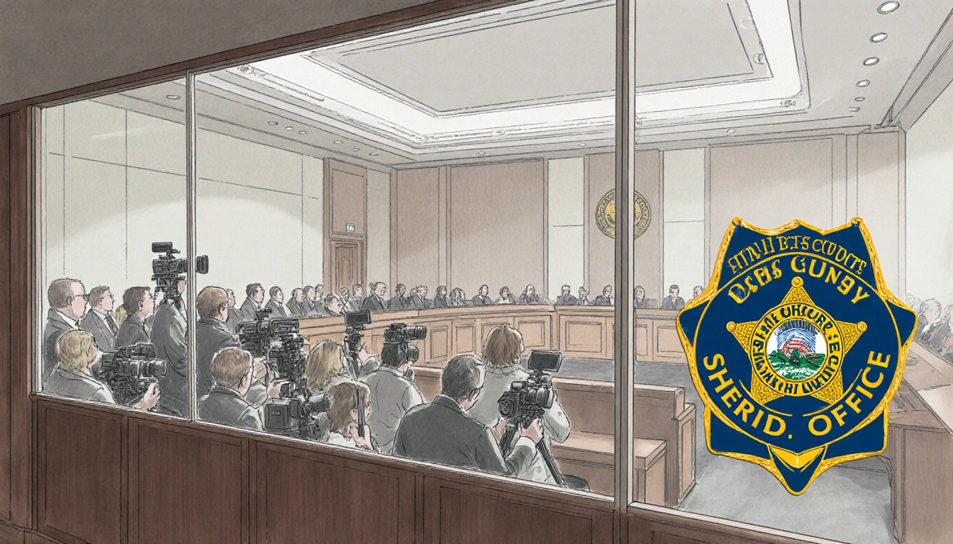 Courtroom scene with glass partition separates media side cluttered with cameras and reporters from empty side and shows tens