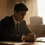Young man looking down at his hands with papers and tablet beside him in a dim legal courtroom bathed in warm golden light.