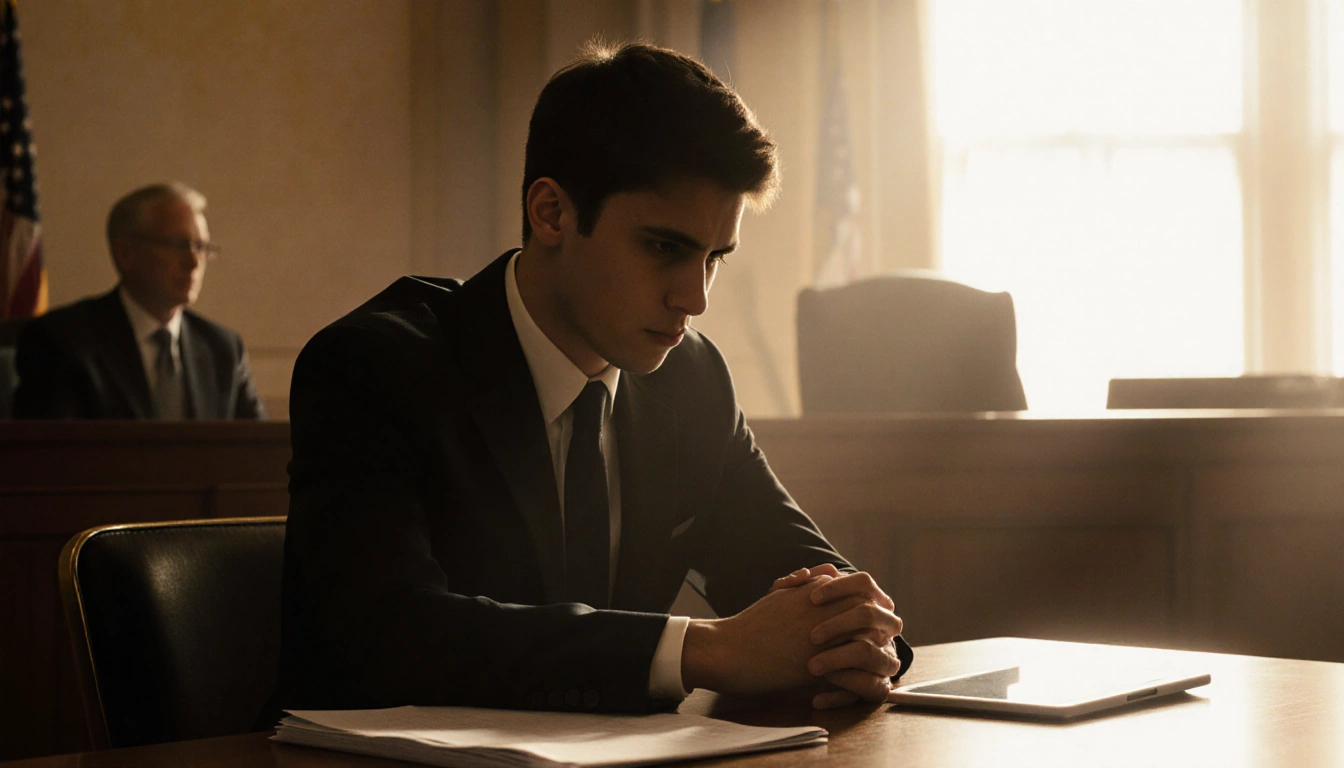 Young man looking down at his hands with papers and tablet beside him in a dim legal courtroom bathed in warm golden light.