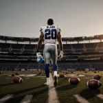 Player walking away with ice pack on foot on football field with Dallas Cowboys stadium behind and scattered cleats