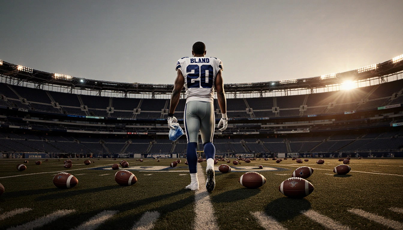 Player walking away with ice pack on foot on football field with Dallas Cowboys stadium behind and scattered cleats