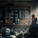 Football coach sits in a dim locker room with discarded gear and a board showing 6-7-1 record and recent losses.