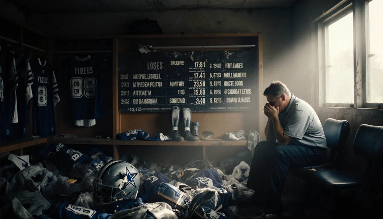 Football coach sits in a dim locker room with discarded gear and a board showing 6-7-1 record and recent losses.