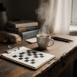 Worn wooden desk holding solved crossword with steaming coffee and soft warm light
