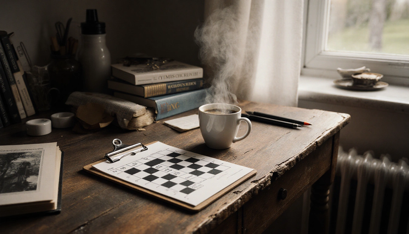 Worn wooden desk holding solved crossword with steaming coffee and soft warm light