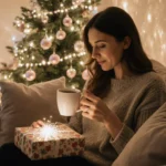 Cozy woman sipping coffee with a sparkling gift box and pastel Christmas tree in a warmly lit living room