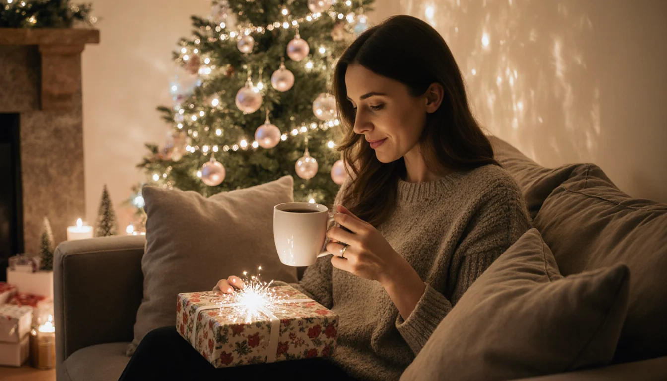 Cozy woman sipping coffee with a sparkling gift box and pastel Christmas tree in a warmly lit living room