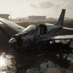 Twisted Monnett Sonerai aircraft rests in a muddy ditch after crash with water rising around it and misty airport runway visi