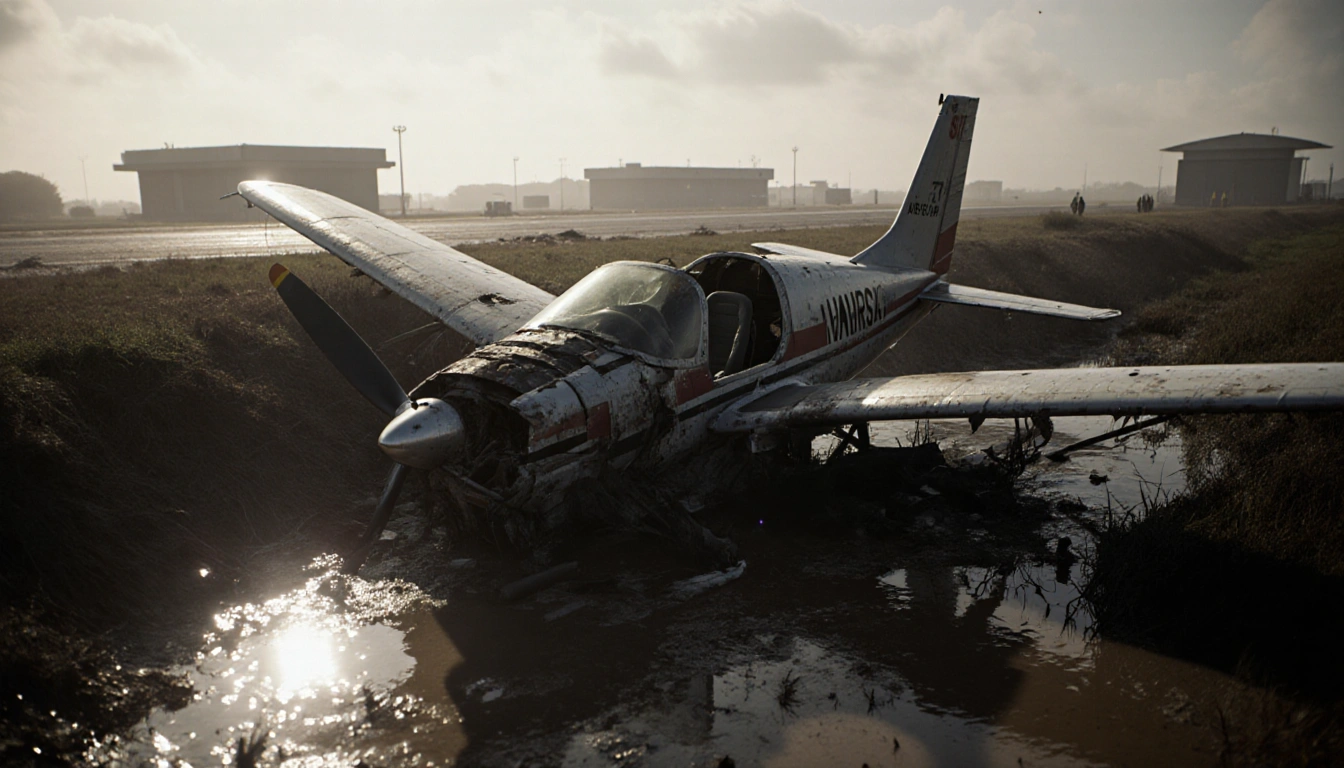 Twisted Monnett Sonerai aircraft rests in a muddy ditch after crash with water rising around it and misty airport runway visi