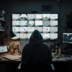 Artist in hoodie sits at cluttered studio desk with unfinished canvases and AI video loop on screen