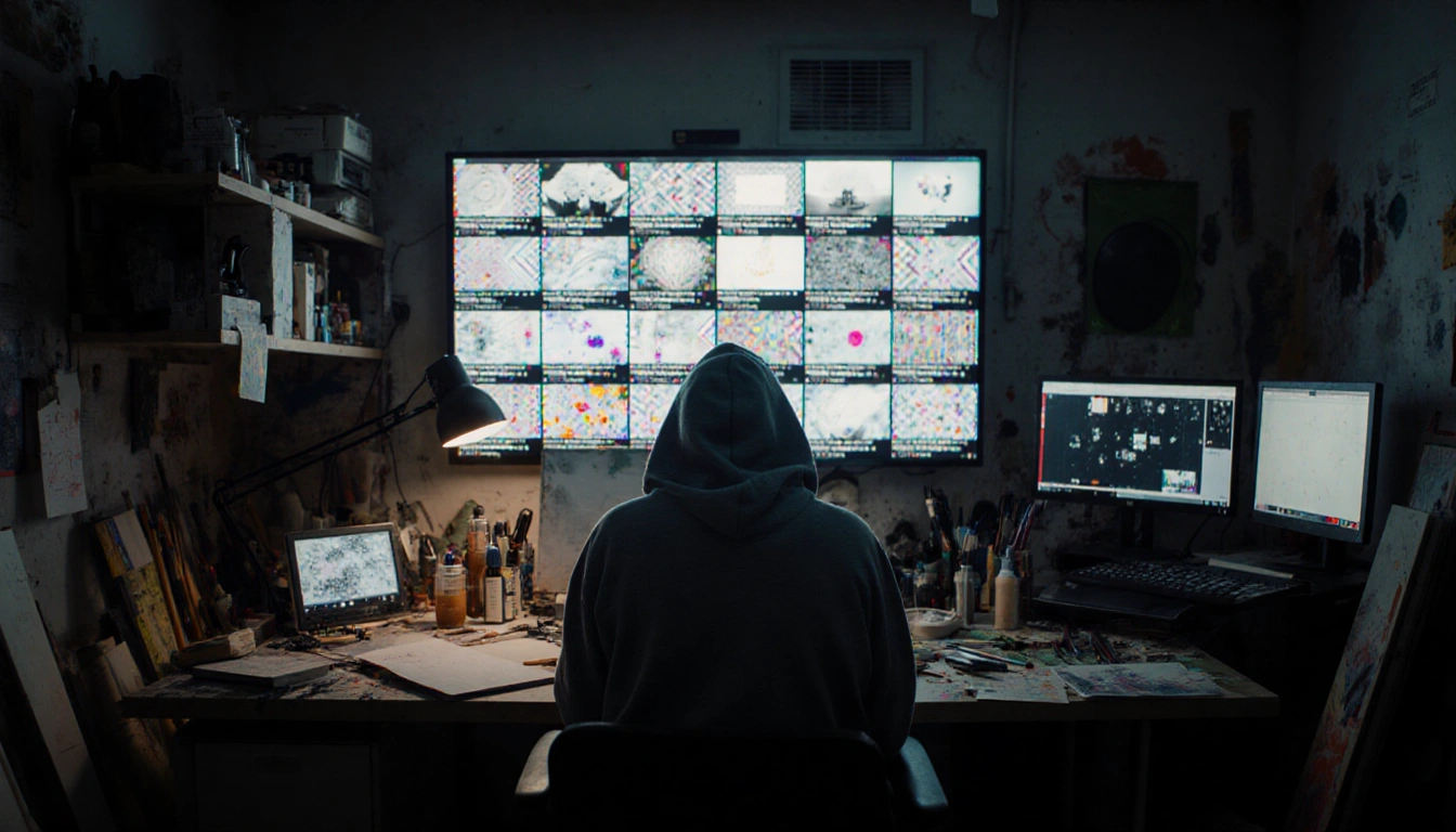 Artist in hoodie sits at cluttered studio desk with unfinished canvases and AI video loop on screen