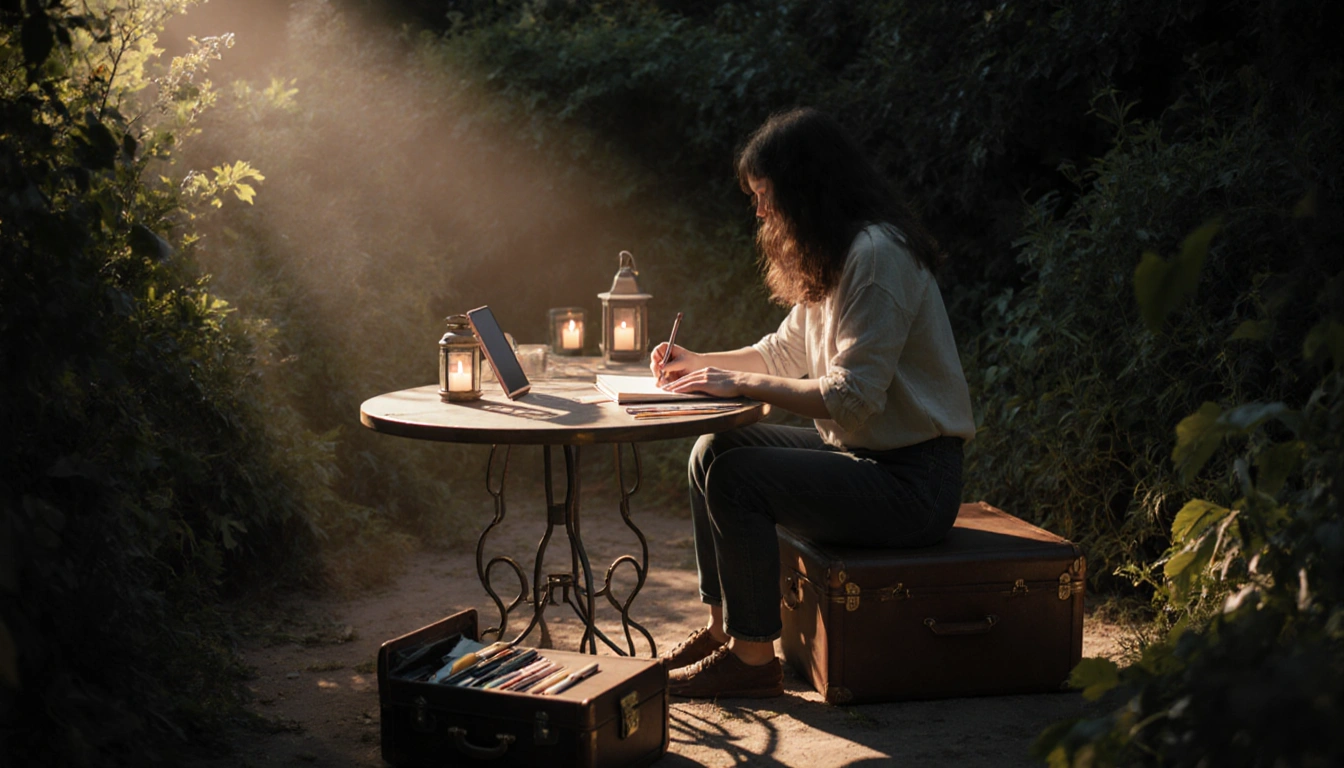 Person sitting in dim outdoor space writing in handmade journal with vintage suitcase and art supplies lantern glow.