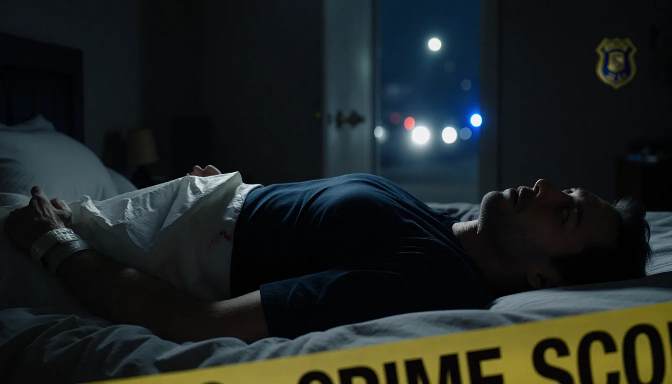 Figure lying face down with stab wounds visible and body bag wrapped around neck in dimly lit crime scene with police lights