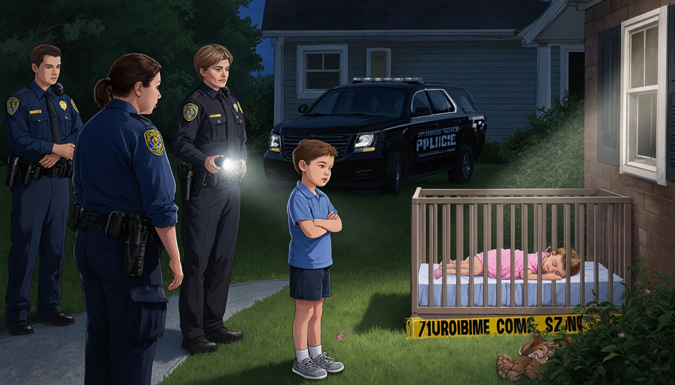 Child standing calmly beside 911 operator with police flashlight illuminating a body and another child sleeping in a crib