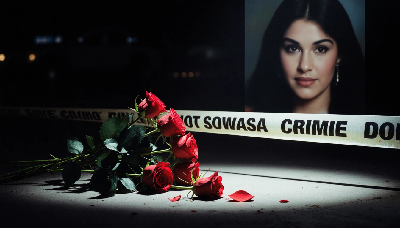 Police tape encircles a bouquet of red roses with a single crushed rose on the ground hinting at tragedy