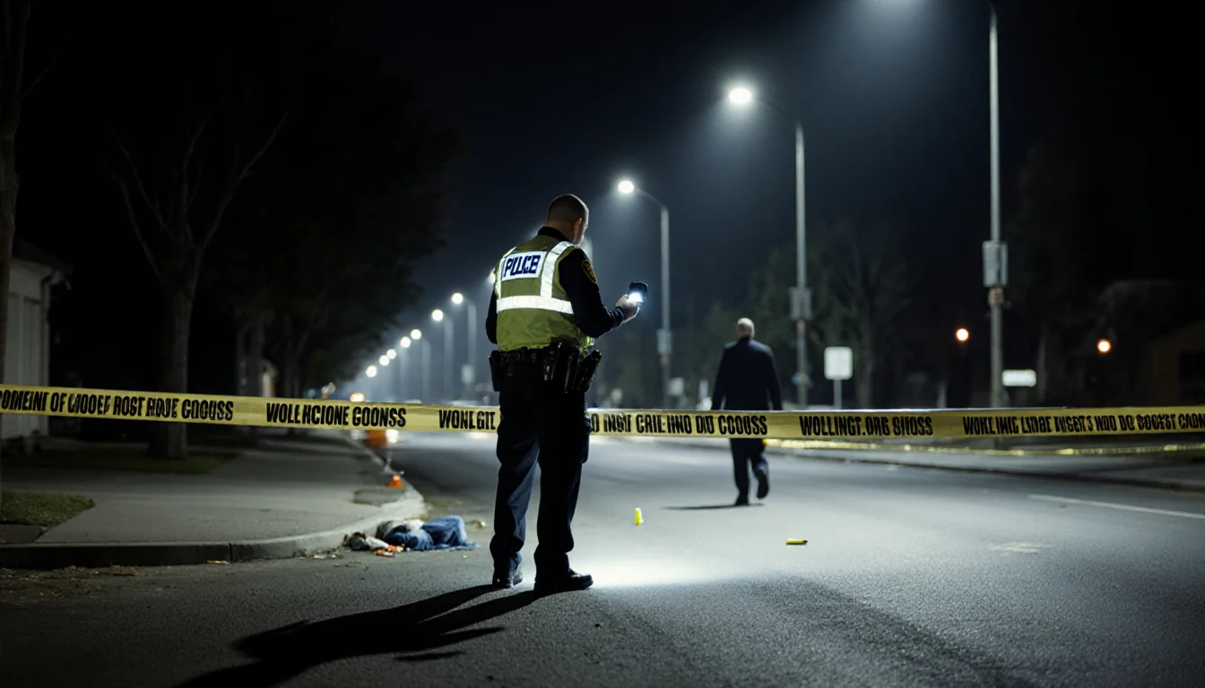 Police officer holding flashlight near body with police tape and forensic markers and blurred figure walking away at night
