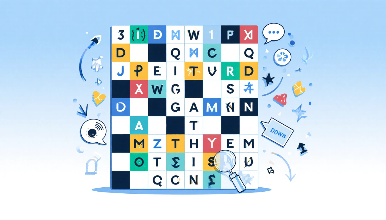 Puzzle grid showing solved letters with blue gradient background and crossword magnifying glass hint bubble.