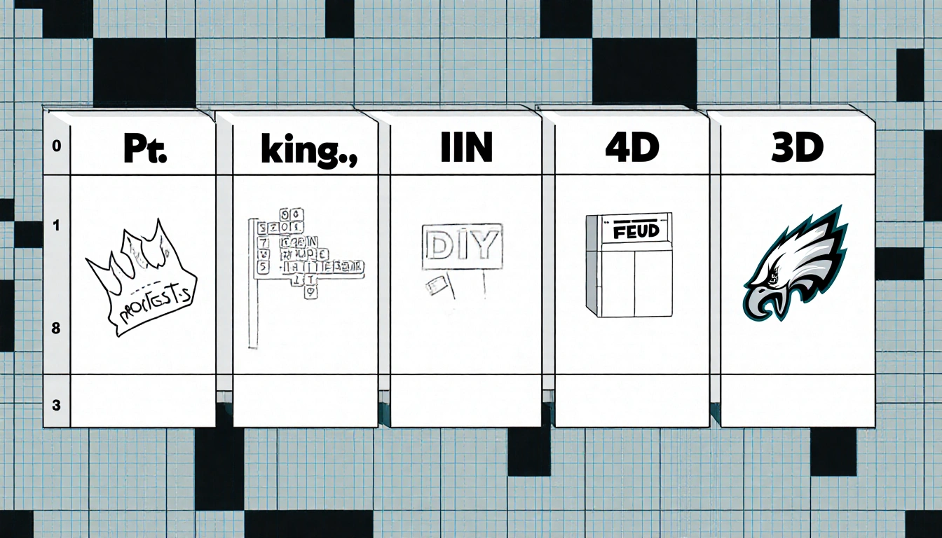 Table showing crossword grid with protest clues and Philadelphia Eagles logo.