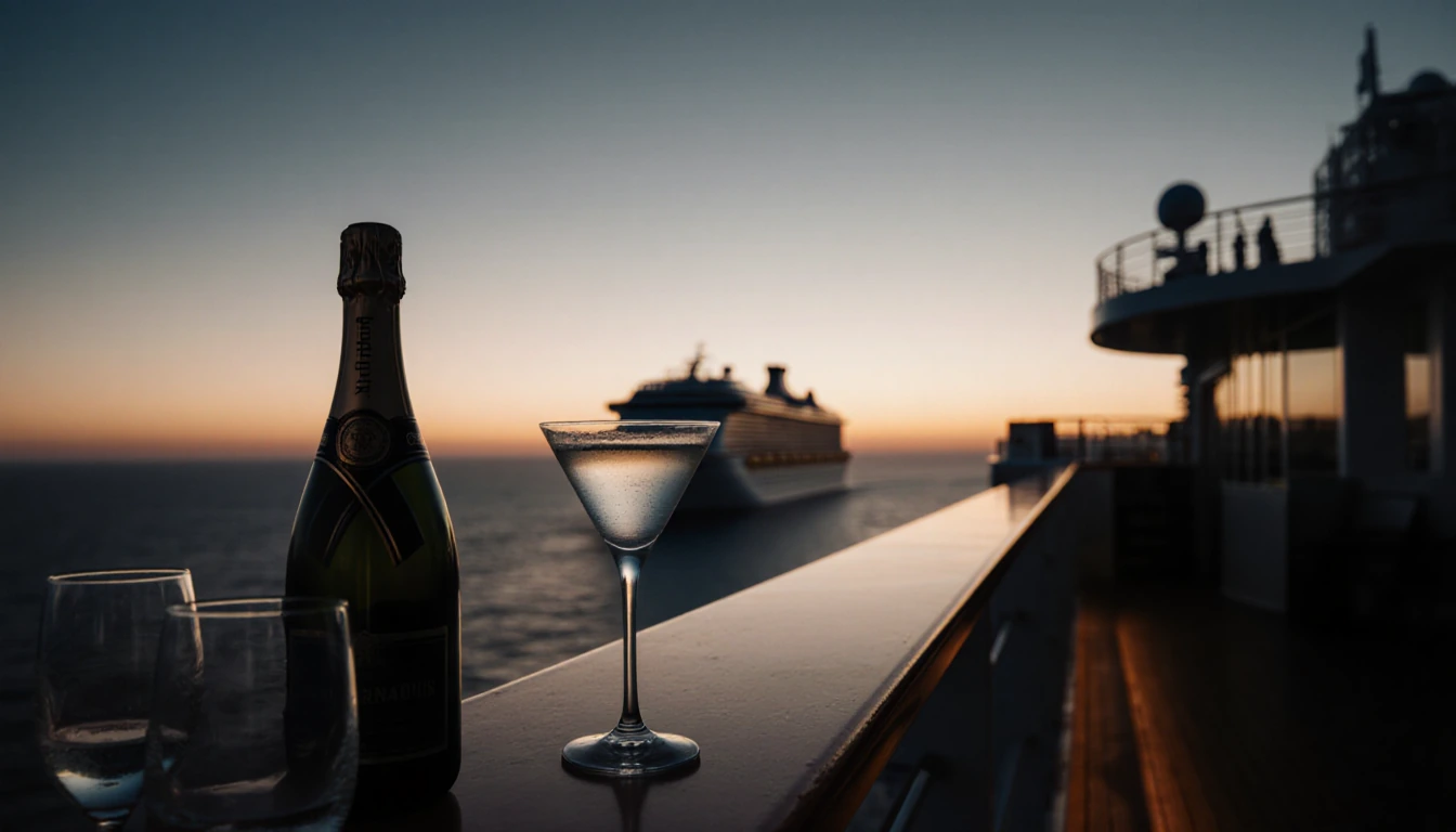 Half-empty cocktail glass rests near railing edge with sunset sky and distant Navigator of the Seas.