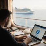 Passenger sits at desk in a cruise ship cabin with laptop showing VPN icon and Starlink Wi‑Fi while looking out at ocean
