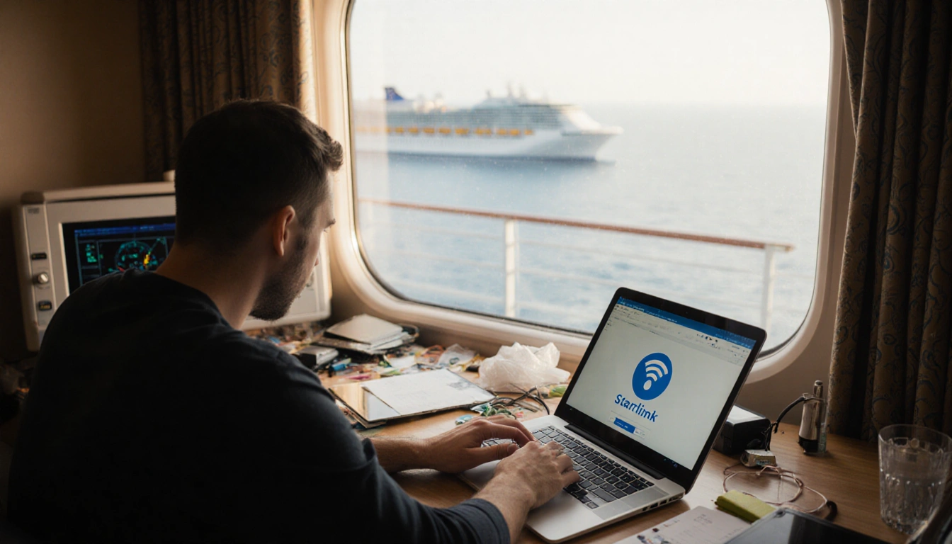 Passenger sits at desk in a cruise ship cabin with laptop showing VPN icon and Starlink Wi‑Fi while looking out at ocean
