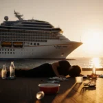 Figure lying on deserted cruise ship deck with empty bottles and Royal Caribbean vessel silhouette under sunset light