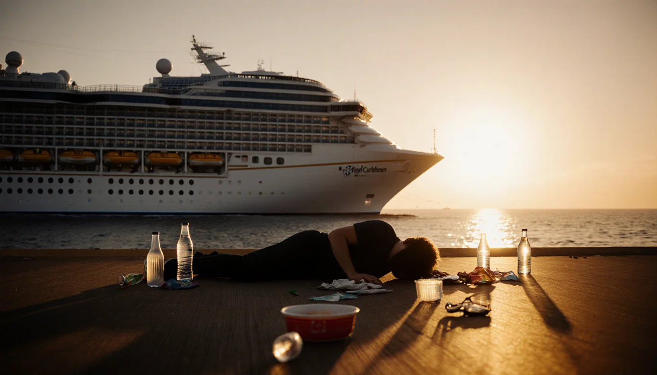 Figure lying on deserted cruise ship deck with empty bottles and Royal Caribbean vessel silhouette under sunset light