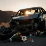 Crushed vehicle lies with shattered windshield and scattered tires near flowers and a police badge on a Texas horizon