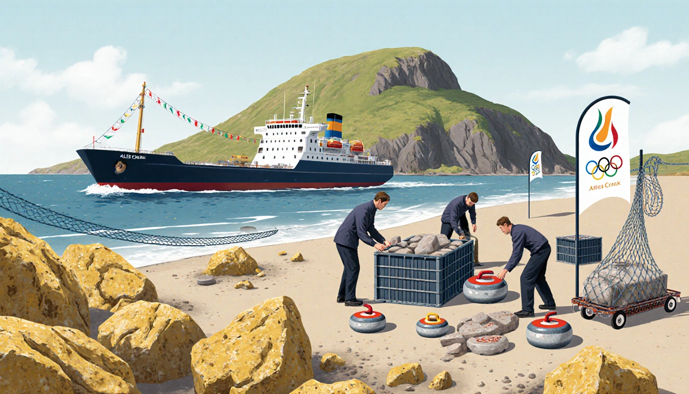 Workers lifting curling stones into crates with a ship anchored near Ailsa Craig and Olympic flags.