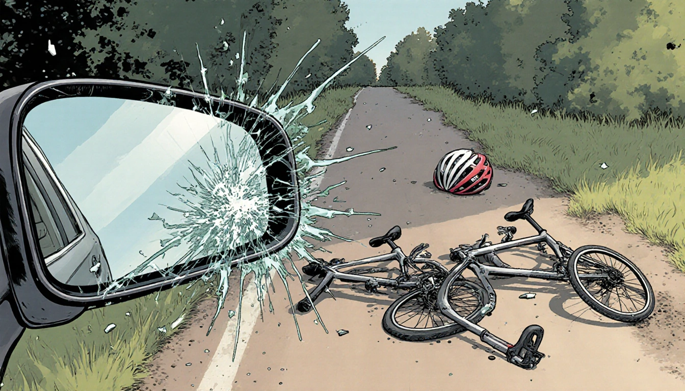 Cyclists collide on path trail with broken helmets and overturned bikes.