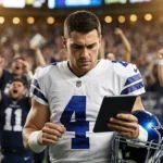 Dak Prescott stands on Cowboys sidelines looking at playbook with blue helmet under arm and stadium lights in background