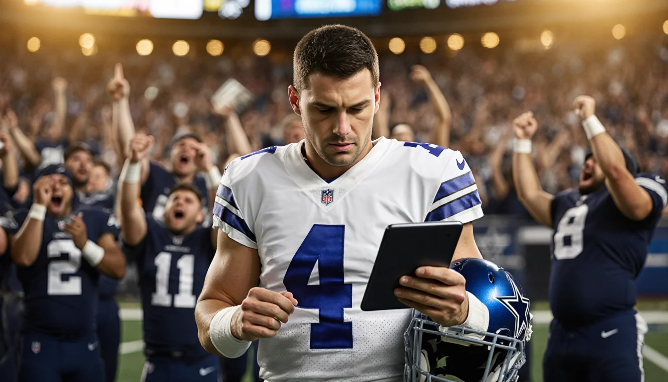 Dak Prescott stands on Cowboys sidelines looking at playbook with blue helmet under arm and stadium lights in background