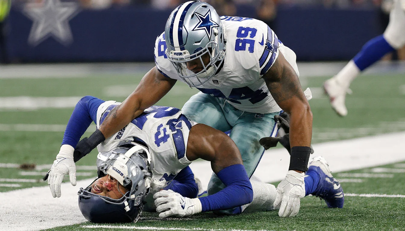 Prescott kneels beside Lamb with concern while Lamb's face shows pain and forearms extend in a fencing response in football.