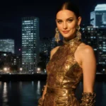 Dakota Johnson standing with avant-garde outfit and warm glow against a night cityscape and SNL stage hint.